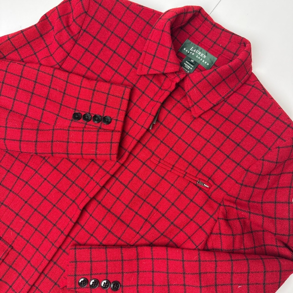 Lauren Ralph Lauren Red Plaid Worsted Wool Zip Jacket Size 10 Made in USA